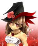  1girl bead_necklace beads black_hat blush breasts brown_hair chest_sarashi cleavage closed_mouth commentary_request cross cross_necklace cross_of_prontera flower gradient_background hat hat_flower jewelry long_hair looking_at_viewer medium_breasts necklace pink_flower pink_rose ragnarok_online red_background red_eyes rose sarashi smile solo sura_(ragnarok_online) tomiya_airu upper_body white_background witch_hat 