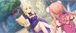  2girls back_cutout blonde_hair blue_eyes blunt_bangs breasts bun_cover bush cecily_(konosuba) china_dress chinese_clothes cleavage cleavage_cutout clothing_cutout crossed_legs day dress earrings elbow_gloves erika_(konosuba) game_cg gloves hair_tie highres holding holding_paper jewelry kono_subarashii_sekai_ni_shukufuku_wo! konosuba!_fantastic_days light_rays long_hair looking_at_another low-tied_sidelocks matching_outfits medium_breasts multiple_girls official_alternate_costume official_art outdoors paper parted_lips pink_dress pink_hair purple_dress short_sleeves side_slit sidelocks sitting smirk sunbeam sunlight thighs tree twintails white_gloves 