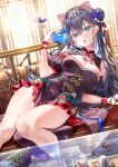  1girl animal_ears aquarium bare_legs bare_shoulders bench black_dress black_hair blue_eyes blueberry_(fujima_takuya) breasts china_dress chinese_clothes cleavage cleavage_cutout clothing_cutout detached_sleeves dress fake_animal_ears fish food frilled_dress frills fruit fujima_takuya hair_bun hair_ornament hand_up holding holding_food holding_fruit indoors large_breasts long_hair looking_at_viewer lying on_side open_mouth original pelvic_curtain reclining single_side_bun sitting sleeveless sleeveless_dress solo tassel tassel_hair_ornament thighs very_long_hair wristband 