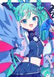  1girl aqua_hair aqua_nails aramedraw arm_up blue_eyes blue_jacket blush braid breasts commentary crop_top hair_between_eyes hair_ornament hatsune_miku highres holding holding_microphone jacket long_hair looking_at_viewer magical_mirai_(vocaloid) magical_mirai_miku magical_mirai_miku_(2025) microphone midriff navel official_alternate_costume open_clothes open_jacket open_mouth small_breasts smile star_(symbol) star_hair_ornament stomach twin_braids twintails very_long_hair vocaloid 