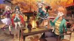  4girls animal_ear_fluff animal_ears bare_shoulders chinese_clothes closed_eyes crossover fate/stay_night fate/unlimited_blade_works fate_(series) feixiao_(honkai:_star_rail) fox_ears fox_girl fujimura_taiga green_jacket grey_hair highres honkai:_star_rail honkai_(series) illyasviel_von_einzbern jacket long_hair looking_at_another multiple_girls nishiide_kengorou open_clothes open_jacket open_mouth orange_hair purple_jacket short_hair sitting skirt smile standing white_skirt yunli_(honkai:_star_rail) 