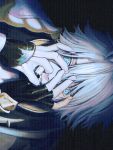  1boy absurdres antenna_hair armor black_choker black_gloves black_shirt blue_eyes choker commentary crazy_eyes fingerless_gloves gloves hands_on_own_face highres honkai:_star_rail honkai_(series) ieririr looking_at_viewer male_focus parted_bangs pauldrons phainon_(honkai:_star_rail) shirt short_hair shoulder_armor sideways single_glove single_pauldron solo symbol-only_commentary white_hair 