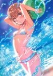  1girl absurdres armpits arms_behind_head ball beachball bikini blush breasts brown_eyes brown_hair cover cover_page doujin_cover electricity electrokinesis fanbook hair_ornament hairpin highres holding holding_ball holding_beachball isshi_pyuma looking_at_viewer medium_hair misaka_mikoto navel outdoors parted_lips shiny_skin sideboob skindentation small_breasts solo splashing standing stomach swimsuit toaru_kagaku_no_railgun toaru_majutsu_no_index water wet white_bikini 