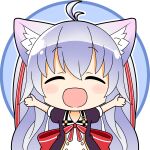  1girl :d absurdres animal_ear_fluff animal_ears antenna_hair back_bow blue_background blush bow bowtie brown_dress cat_ears cat_girl chibi chibi_only dress facing_viewer highres long_hair open_mouth original outline outstretched_arms purple_hair red_bow red_bowtie short_sleeves smile solo spread_arms upper_body white_outline zungurimukkuri_tarou 