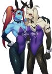  absurd_res anthro arm_warmers armwear asriel_dreemurr asriel_dreemurr_(god_form) blush boss_monster bovid breasts bunny_costume caprine cleavage clothed clothing costume duo female fishnet hair hand_on_shoulder hi_res horn male mammal marine muscular muscular_female muscular_male ponytail red_hair torotale undertale undertale_(series) undyne video_games 