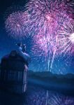  1boy 1girl black_hair dated dress fireworks highres long_dress night original outdoors pochi_(poti1990) reflection reflective_water scenery short_hair signature sitting sky sleeveless sleeveless_dress star_(sky) starry_sky summer water wide_shot 