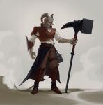 absurd_res battle_hammer boots bottomwear brown_boots brown_bottomwear brown_clothing brown_footwear brown_pants brown_topwear clothed clothing edvardiko footwear front_view full-length_portrait grey_body grey_horn grey_skin hammer hi_res holding_hammer holding_object holding_tool horn humanoid male male_humanoid narrowed_eyes pants portrait shirt shoes solo standing tools topwear white_clothing white_shirt white_topwear