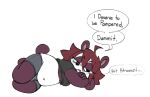 2023 angry anthro bear belly bodily_fluids clenched_teeth crossed_arms dialogue digital_drawing_(artwork) digital_media_(artwork) female giant_panda hair hi_res lying mammal narrowed_eyes noogatdelight_(artist) on_side red_hair short_stack simple_background solo speech_bubble stressed tears teeth white_background