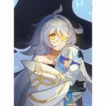  2girls aged_down ahoge baby bare_shoulders blue_hair carrying carrying_person closed_eyes closed_mouth colored_skin curly_hair detached_sleeves dress egeria_(genshin_impact) genshin_impact glasses glowing glowing_eyes gradient_hair gradient_skin grey_hair hair_between_eyes hair_intakes han_yang19 huge_ahoge long_hair long_sleeves looking_to_the_side mother_and_daughter multicolored_dress multicolored_hair multicolored_skin multiple_girls naberius_(genshin_impact) off_shoulder official_alternate_costume official_alternate_hairstyle shade short_hair sleeping standing two-tone_skin upper_body veil wavy_hair white_dress white_veil wide_sleeves yellow_eyes 