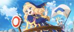  2girls :d aqua_(konosuba) arm_up blonde_hair blue_dress blue_eyes blue_hair blue_shirt blue_sky blue_veil blunt_bangs bow bowtie cecily_(konosuba) clenched_hand cloud cloudy_sky collar day detached_sleeves dress flag game_cg gold_trim green_bow green_bowtie hair_rings hair_tie highres holding holding_flag kono_subarashii_sekai_ni_shukufuku_wo! konosuba!_fantastic_days long_dress long_hair long_sleeves looking_at_another low-tied_sidelocks motion_blur multiple_girls official_art outdoors priestess shirt sidelocks single_hair_ring sky sleeveless sleeveless_shirt smile sunlight v-shaped_eyebrows veil white_collar white_sleeves 
