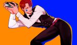  1boy barista cup facepaint hair_down hisoka_morow holding holding_cup hunter_x_hunter kilva_lollop long_sleeves makeup male_focus red_hair simple_background smile solo vest yellow_eyes 