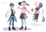  2boys :d adapted_costume bangs bede_(pokemon) belt belt_buckle black_shirt boots buckle closed_mouth collared_shirt commentary_request curly_hair green_ribbon grey_hair gvzzgl hand_on_headwear hand_up hat hop_(pokemon) labcoat male_focus multiple_boys neck_ribbon open_mouth pants pink_shirt pokemon pokemon_(game) pokemon_swsh purple_eyes purple_hair ribbon shirt shoes short_hair shorts smile standing teeth tongue translation_request upper_teeth white_background 