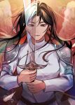  1girl absurdres angel_wings armor artist_name birthday black_hair blood blood_on_face brown_eyes dated english_commentary happy_birthday highres holding holding_sword holding_weapon jung_heewon long_hair omniscient_reader&#039;s_viewpoint saihachi06 shirt shoulder_armor solo sword upper_body weapon white_hair white_shirt wings 