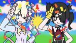  &gt;_o 2girls ame-chan_(needy_girl_overdose) asymmetrical_bangs black_eyes black_hair black_ribbon black_skirt blonde_hair blue_eyes blue_sky blurry blurry_background bow chouzetsusaikawa_tenshi-chan cloud confetti gloves gradient_hair grass hair_bow hair_ornament hair_over_one_eye highres inami_(x_spidekawaii_x) looking_at_viewer mesmerizer_(vocaloid) multicolored_hair multiple_girls multiple_hair_bows neck_ribbon needy_girl_overdose one_eye_closed parted_bangs quad_tails red_shirt ribbon salute scene_reference school_uniform serafuku shirt skirt sky smile standing star_(symbol) star_in_eye suspender_skirt suspenders symbol_in_eye tridecagram twintails upper_body x_hair_ornament yellow_bow yellow_gloves 