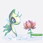  blue_eyes celebi closed_mouth commentary_request from_side full_body lily_pad looking_down no_humans pokemon pokemon_(creature) ripples solo water ziwiw 