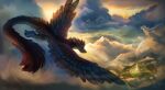  2020 blue_eyes city cloud detailed_background dragon feathered_wings feathers feral flying fur furred_dragon hi_res horn jacato red_body red_feathers sky solo wings 