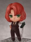  1girl borrowed_character brown_necktie chibi commission freckles full_body green_eyes highres looking_at_viewer necktie nendoroid original parted_lips red_hair shiori2525 short_hair solo tattoo 