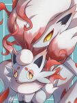  bright_pupils commentary_request evolutionary_line framed green_background grey_fur highres hisuian_zoroark hisuian_zorua kuchiba_(jret2454) looking_at_viewer looking_down no_humans pokemon pokemon_(creature) white_pupils yellow_eyes 