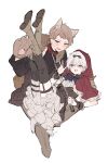  2boys :d animal_ear_fluff animal_ears animal_hands astel_(ikeuchi_tanuma) black_bow black_jacket black_shirt black_thighhighs blush boots bow brown_boots brown_gloves brown_hair brown_skirt capelet character_request check_character collar crossdressing crossdressing_(mtf) frilled_capelet frills fur-trimmed_jacket fur_trim gloves grey_hair hair_between_eyes highres holding holding_leash hood hood_up hooded_capelet ikeuchi_tanuma jacket leash legs_up long_sleeves male_focus multiple_boys open_clothes open_jacket original paw_gloves purple_eyes red_capelet red_collar rudy_(ikeuchi_tanuma) shirt shoe_soles simple_background skirt smile sweat thighhighs thighhighs_under_boots white_background white_shirt 