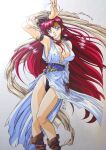  1990s_(style) 1girl arm_up armlet black_panties blue_eyes boots bracelet bracer breasts brown_boots choker covered_nipples dragon_knight_3 elbow_gloves feet_out_of_frame gloves headband highres jewelry large_breasts long_hair looking_at_viewer loose_gloves luna_(dragon_knight) non-web_source official_art panties parted_lips red_hair retro_artstyle ring simple_background solo underwear very_long_hair white_background 