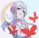  1girl :d blunt_bangs bug butterfly coeiroink crescent_moon floating_hair grey_eyes grey_hair hands_on_own_chest japanese_clothes kimono looking_at_viewer moon obi obiage open_mouth red_butterfly sash sin_(hankotsu_bunny) smile solo teeth tsukuyomi-chan twintails upper_body upper_teeth_only white_background white_kimono wide_sleeves 