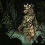 anthro antlers bottomless bottomless_anthro bottomless_male butt cemetery cervine clothed clothing deer elk fog forest hi_res horn looking_back male mammal mo_(momamo) momamo night outside oversized_clothing oversized_shirt oversized_t-shirt oversized_topwear partially_clothed plant shirt skeleton_clothing solo t-shirt tombstone topwear tree