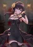  1girl absurdres backlighting bare_shoulders black_choker black_dress black_gloves black_hair black_thighhighs blood blood_drip blood_on_face blood_on_wall blood_on_weapon blood_splatter blurry blurry_background blush breasts breasts_apart choker closed_mouth collarbone commentary covered_navel cowboy_shot dagger dress eyelashes eyes_visible_through_hair fingerless_gloves floating_hair flower fuli_(user_dxkx3245) furrowed_brow gloves gold_hairband groin hair_between_eyes hair_bun hair_flower hair_ornament hairband hand_on_own_hip hand_up head_tilt highres holding holding_weapon indoors knife large_breasts long_hair looking_at_viewer mature_female red_eyes rose short_dress single_hair_bun skindentation sleeveless sleeveless_dress smile solo split_mouth spy_x_family stiletto_(weapon) thighhighs weapon yellow_flower yellow_rose yor_briar zettai_ryouiki 