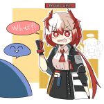  2girls arknights doctor_(arknights) english_text fiammetta_(arknights) gloves hair_between_eyes mostima_(arknights) multiple_girls necktie omo_(h98013114) red_eyes red_hair red_necktie speech_bubble 