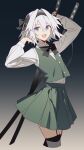  1boy arm_behind_head astolfo_(fate) black_bow black_bowtie black_thighhighs blue_eyes bow bowtie commentary cosplay cowboy_shot crossdressing crossdressing_(mtf) fate/apocrypha fate_(series) garter_straps green_skirt green_vest hair_bow hair_intakes hand_up highres holding holding_sword holding_weapon konpaku_youmu konpaku_youmu_(cosplay) long_hair long_sleeves male_focus miniskirt multiple_hair_bows pleated_skirt sheath shirt skirt solo sword symbol-only_commentary thighhighs touhou trap vest weapon white_hair white_shirt wuliwuli909 zettai_ryouiki 