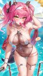  1girl absurdres alternate_costume bare_shoulders bikini black_bow black_choker blush bow breasts choker collarbone commentary_request covered_navel criss-cross_halter flower food hair_between_eyes hair_bow hair_ornament hairband halterneck headgear highres large_breasts layered_swimsuit long_hair looking_at_viewer lupa_(wuthering_waves) multiple_hair_bows outdoors pink_hair pool poolside popsicle sash see-through_cleavage see-through_clothes see-through_one-piece_swimsuit shinonome_(shinonome_rynn) sidelocks skindentation solo swimsuit tacet_mark_(wuthering_waves) tail thigh_strap thighs twintails wet white_bikini wolf_tail wristband wuthering_waves yellow_eyes 