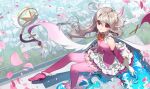  1girl bare_shoulders blonde_hair breasts cherry_blossoms city dress falling_petals fate/kaleid_liner_prisma_illya fate_(series) feather_hair_ornament feathers full_body gloves hair_ornament high_up illyasviel_von_einzbern long_hair looking_at_viewer magical_girl magical_ruby on_rooftop petals pika_(kai9464) pink_dress pink_thighhighs prisma_illya red_eyes reflection reflective_water rooftop small_breasts smile solo thighhighs tree two_side_up white_gloves 