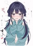  1girl black_bra black_hair blue_eyes blunt_bangs blush bra breasts hair_ornament heart heart-shaped_pupils highres long_hair long_sleeves looking_at_viewer navel open_clothes open_mouth original simple_background smile solo stomach symbol-shaped_pupils uiri-na underwear white_background 