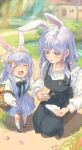  2girls :d animal_ears basket black_skirt blue_dress blue_hair blush breasts carrot_print closed_eyes crying dirt dress eto_sister floral_print flower_basket food_print grass hair_ornament hairclip head_wreath highres hololive kneehighs kneeling long_sleeves medicine_bottle medium_breasts mother_and_daughter multiple_girls open_mouth outdoors paper_towel pekomama pond rabbit_ears red_eyes scraped_knee skirt smile socks suspender_skirt suspenders tears thick_eyebrows usada_pekora 