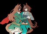  2girls animal_ears bae_apo666 belt black_background black_gloves breasts brown_hair closed_mouth collared_shirt dancing drop_shadow fingerless_gloves flat_chest gloves green_jacket green_pants green_skirt grey_shirt holding_hands horse_ears horse_girl horse_tail jacket long_hair long_sleeves looking_at_another making-of_available miniskirt multiple_girls open_mouth pants pendant_choker red_eyes shirt side_cape simple_background sirius_symboli_(umamusume) skirt small_breasts smile symboli_rudolf_(umamusume) tail tail_through_clothes thighhighs twitter_username umamusume watermark white_gloves 