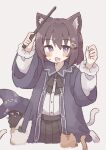  1girl animal animal_ear_fluff animal_ears black_bow black_bowtie black_skirt blue_cloak blush bow bowtie brown_hair cat cat_ears cat_girl cat_hair_ornament cloak colon_br commentary_request cropped_legs hair_ornament highres holding holding_wand long_sleeves looking_at_viewer open_mouth original pleated_skirt purple_eyes shirt short_hair simple_background skirt solo sweatdrop wand white_shirt 