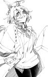  1girl agnes_tachyon_(umamusume) ahoge animal_ears chemical_structure coat collared_shirt cork earrings green_eyes greyscale hair_between_eyes hands_up hem_peeking_out highres horse_ears horse_girl huge_ahoge jewelry jin_(mugenjin) lab_coat monochrome necktie open_clothes open_coat pantyhose parted_lips shirt short_hair short_necktie simple_background single_earring sleeves_past_fingers sleeves_past_wrists solo sweater test_tube umamusume white_background wide_sleeves 