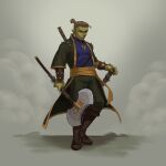 1:1 absurd_res axe battle_axe blue_clothing blue_eyes blue_topwear boots bottomwear brown_boots brown_clothing brown_footwear brown_hair clothed clothing edvardiko footwear full-length_portrait green_body green_bottomwear green_clothing green_skin green_topwear hair hair_bun hi_res holding_axe holding_object humanoid looking_at_viewer male male_humanoid portrait shoes solo standing topwear