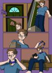 2016 5_fingers artist_name barefoot bell bell_collar bottomwear box brown_eyes brown_hair cardboard cardboard_box closed_door clothed clothed_human clothing collar colored comic container controller denim denim_bottomwear denim_clothing door english_text eyewear feet fingers front_view fully_clothed fully_clothed_human furniture game_controller glasses hair halcy0n hi_res human imminent_transformation inside jeans legs_together low-angle_view male mammal multiple_scenes on_sofa onomatopoeia open_door pants r3n4_(rena777) shaded shirt signature sitting sitting_on_sofa smile sofa solo sound_effects spread_legs spreading standing t-shirt text three-quarter_view topwear transformation