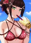  absurdres bikini black_hair blue_sky bow box_wonderland bracelet breasts bubble_tea cloud collarbone drink drinking drinking_straw earrings english_commentary flower green_eyes hair_bow hair_ornament highres holding holding_drink iced_tea jewelry kurosawa_dia kurosawa_dia_(dengeki_g's_poster_swimsuit) looking_at_viewer love_live! love_live!_sunshine!! medium_breasts mole mole_under_mouth multi-strapped_bikini_top official_alternate_costume outdoors red_flower red_rose rose sky swimsuit tea 