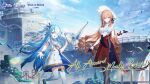  2girls absurdres azur_lane black_gloves black_pantyhose blonde_hair blue_eyes blue_hair blue_sky bow cloud drill_hair english_commentary fingerless_gloves gloves hair_bow hair_over_one_eye highres maille-breze_(azur_lane) military_vehicle multicolored_hair multiple_girls neckerchief official_art outdoors pantyhose pink_eyes promotional_art richelieu_(azur_lane) sailor_collar ship ship_turret sky streaked_hair thighhighs warship watercraft white_bow white_hair white_sailor_collar white_streaks white_thighhighs yellow_neckerchief 