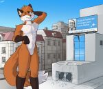  absurd_res anthro bodily_fluids broken_glass canid canine city city_background english_text fanteliscio fox glass hi_res jd_vance macro male mammal one_eye_closed solo standing sweat sweatdrop text us_aid 