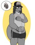  alexander_bite blue_body blue_hair body_swap bottomwear bottomwear_down clothed clothing emmanuelin_(emmanuelin13) erection genitals greyscale hair hat headgear headwear hi_res jockstrap masturbation monochrome mooncid partially_clothed pec_grab pecs penis shirt shorts shorts_down tank_top topwear underwear visible_self yellow_eyes 