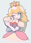  :o blonde_hair blue_eyes blush_stickers carrying carrying_person commentary cropped_torso crossover crown dress earrings elbow_gloves facing_viewer gloves hands_up jewelry kirby kirby_(series) long_hair looking_at_another looking_to_the_side mario_(series) ni_re no_nose one_eye_closed open_mouth pink_dress pink_lips princess_peach puffy_sleeves smile sphere_earrings standing twitter_username wavy_hair white_background white_gloves 
