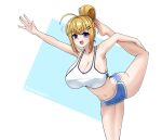  1girl absurdres ahoge balancing bangs blonde_hair blue_shorts breasts cleavage commission dolphin_shorts eyebrows_visible_through_hair flexible flying_sweatdrops gym_shorts habetrot_(last_origin) hair_bun hair_ornament hairclip highres huge_breasts last_origin looking_at_viewer noonnoon531 open_mouth purple_eyes short_shorts shorts smile solo sports_bra stretch sweat yoga 