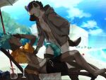  2boys adjusting_eyewear arknights artist_name beach beach_chair black_hair black_shorts blue_hair blue_sky chameleon_boy chameleon_tail closed_eyes closed_mouth cloud cloudy_sky cup diffraction_spikes drinking_glass ear_piercing english_commentary ethan_(arknights) eyebrow_piercing eyewear_on_head face_piercing furry furry_male glint grey_fur grey_jacket hand_in_pocket hand_on_eyewear highres hood hood_down hooded_jacket hyena_boy hyena_ears hyena_tail jacket jesuistae looking_at_another male_focus multicolored_hair multiple_boys open_clothes open_jacket open_mouth open_shirt piercing pointy_ears shirt shorts sky smile spiked_hair spot_(arknights) streaked_hair sunglasses tail toned toned_male twitter_username under_umbrella white_shorts wine_glass yellow_shirt 