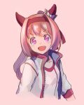  1girl :d animal_ears bow collarbone cropped_torso ear_bow flower-shaped_pupils gym_shirt hairband haru_urara_(umamusume) highres horse_ears jacket long_hair long_sleeves moko39_takasora open_clothes open_jacket pink_background pink_hair ponytail purple_eyes red_hairband shirt simple_background smile solo symbol-shaped_pupils umamusume upper_body v-shaped_eyebrows white_bow white_jacket white_shirt 