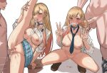  1boy 1girl barbell_piercing black_choker black_necktie blonde_hair breasts choker cum cum_in_pussy cumdrip double_w ear_piercing english_commentary fake_nails grin gyaru hetero highres holding_own_leg industrial_piercing kitagawa_marin large_breasts leg_lift long_hair looking_at_viewer multicolored_hair navel necktie nico-mo nipples penis piercing red_eyes school_uniform sex smile sono_bisque_doll_wa_koi_wo_suru split squatting standing standing_on_one_leg standing_sex standing_split uncensored vaginal w 