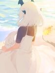  1girl 1solis000 absurdres arknights black_horns black_shirt bloom commentary dated_commentary day dress from_behind highres horns long_hair ocean outdoors pinafore_dress reed_(arknights) reed_the_flame_shadow_(arknights) shirt short_sleeves sleeveless sleeveless_dress solo sunlight water white_dress white_hair 