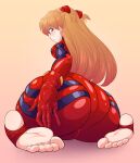  1girl ass barefoot blue_eyes bodysuit feet from_behind highres hijiri_ijiri huge_ass long_hair looking_at_viewer looking_back mecha_pilot_suit neon_genesis_evangelion orange_hair plugsuit_(evangelion) skin_tight soles solo souryuu_asuka_langley 