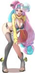  1girl absurdres ball beachball bikini black_bikini blue_hair blush bow-shaped_hair breasts character_hair_ornament cleavage hair_ornament hexagon_print highres holding holding_ball holding_beachball iono_(pokemon) jacket large_breasts long_hair long_sleeves looking_at_viewer momdy_(talesshinja) multicolored_hair open_mouth pink_eyes pink_hair pokemon pokemon_sv sharp_teeth shrug_(clothing) single_thighhigh sleeves_past_wrists smile solo stomach swimsuit teeth thighhighs two-tone_hair yellow_shrug 